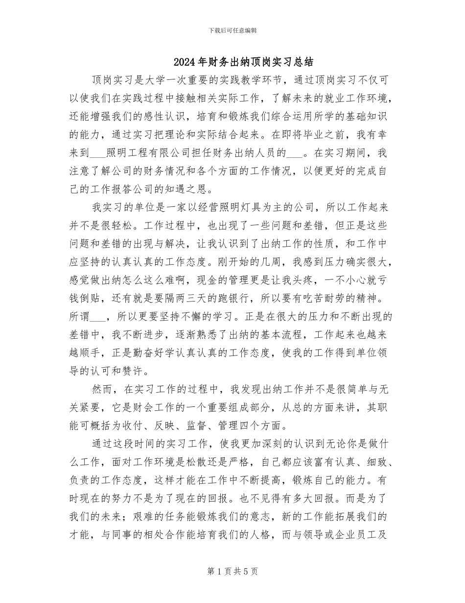 2024年财务出纳顶岗实习总结_第1页