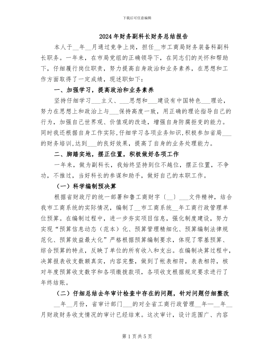 2024年财务副科长财务总结报告_第1页