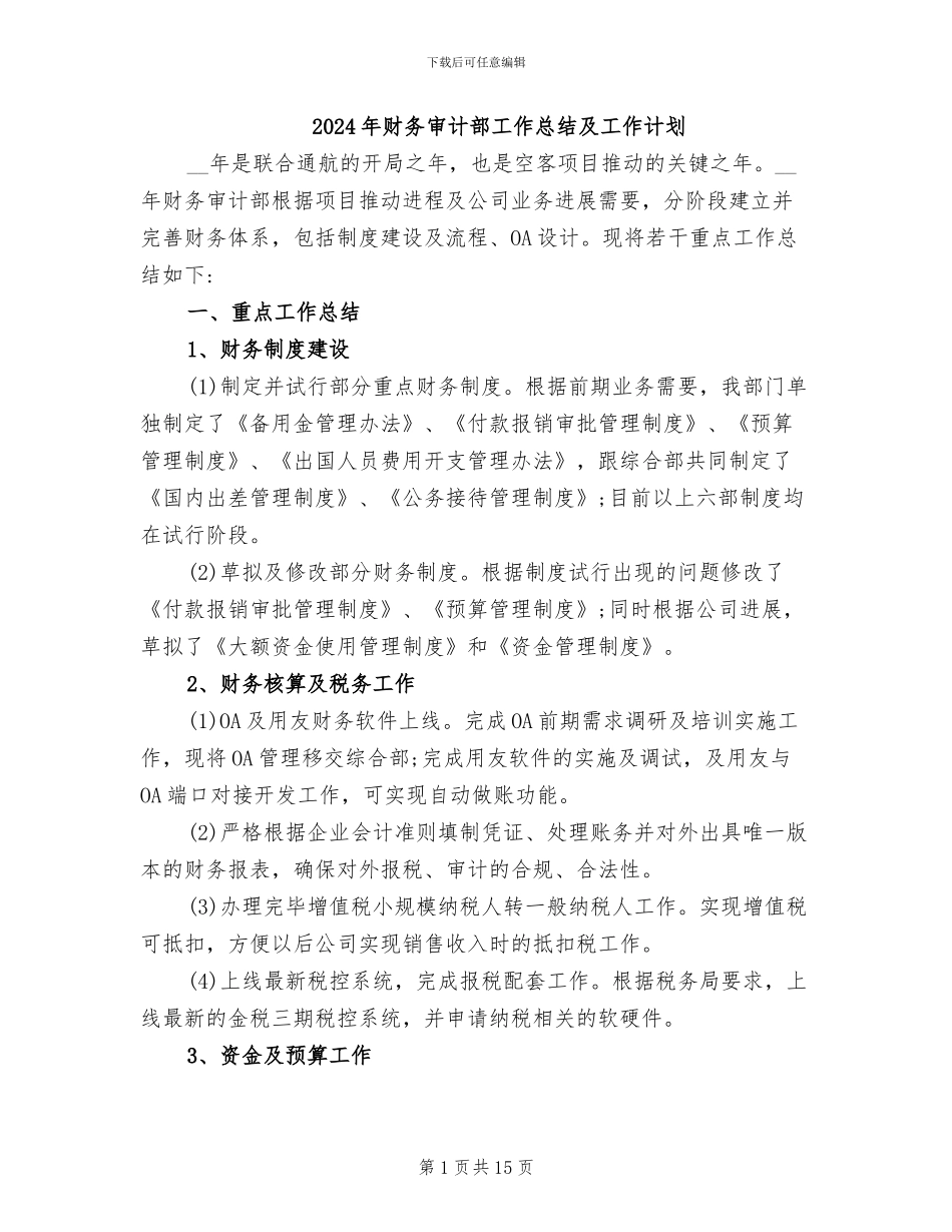 2024年财务审计部工作总结及工作计划_第1页