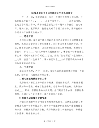 2024年财务文员试用期转正工作总结范文