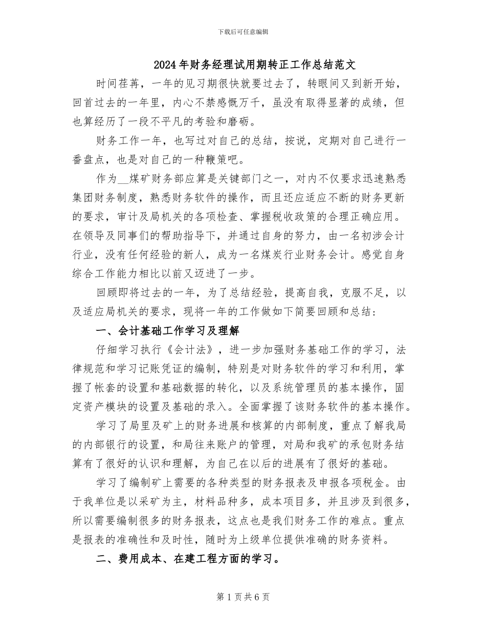 2024年财务经理试用期转正工作总结范文_第1页