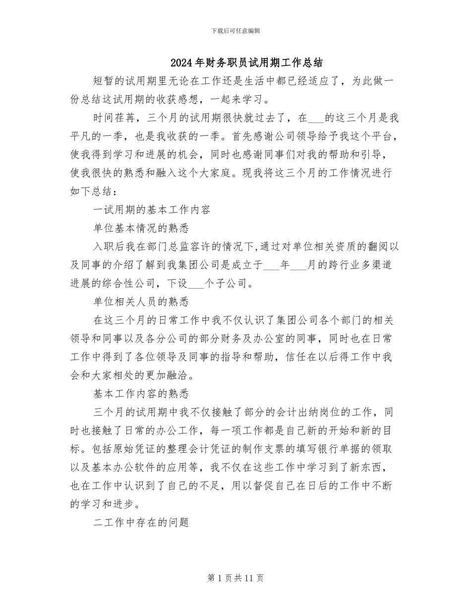 2024年财务职员试用期工作总结_第1页