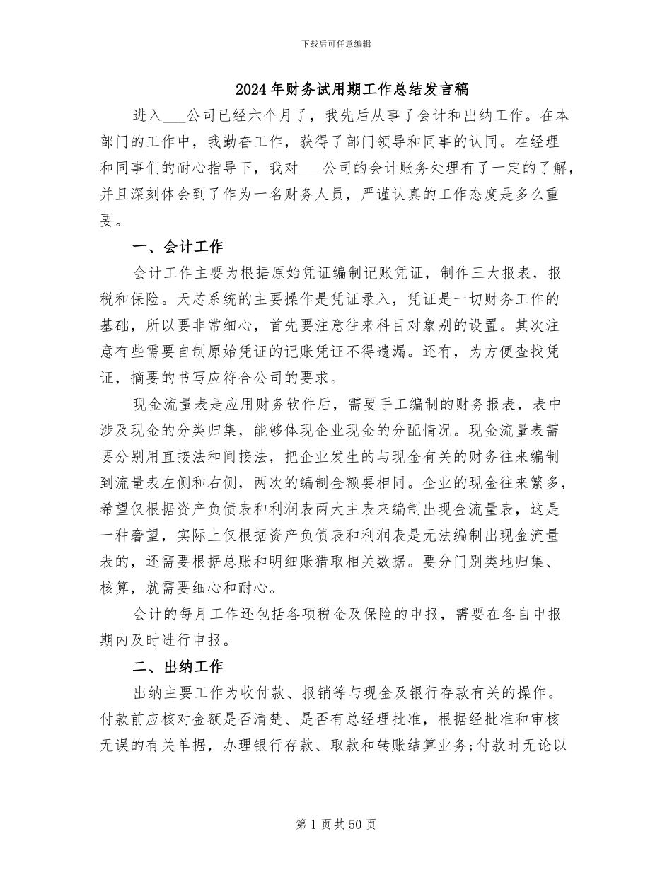 2024年财务试用期工作总结发言稿_第1页