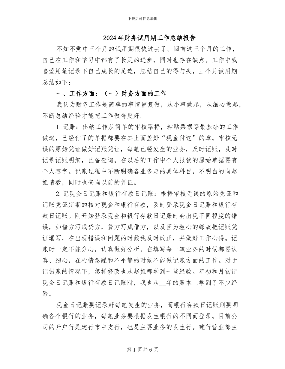 2024年财务试用期工作总结报告_第1页