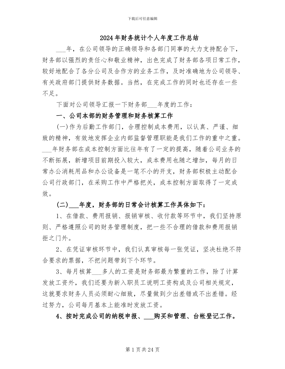 2024年财务统计个人年度工作总结_第1页