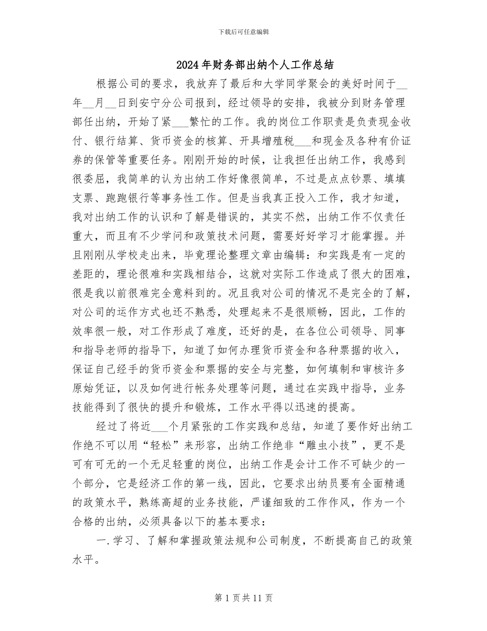 2024年财务部出纳个人工作总结_第1页