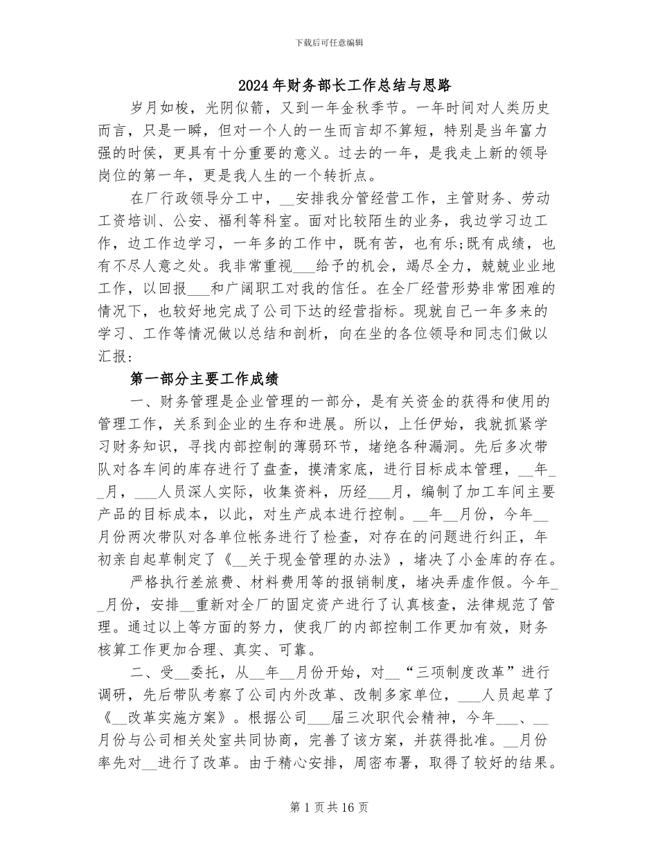 2024年财务部长工作总结与思路_第1页