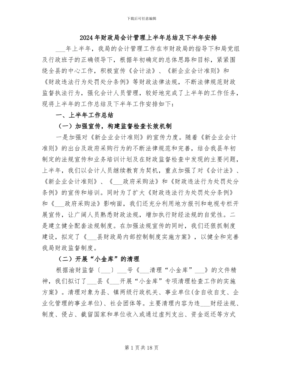 2024年财政局会计管理上半年总结及下半年安排_第1页