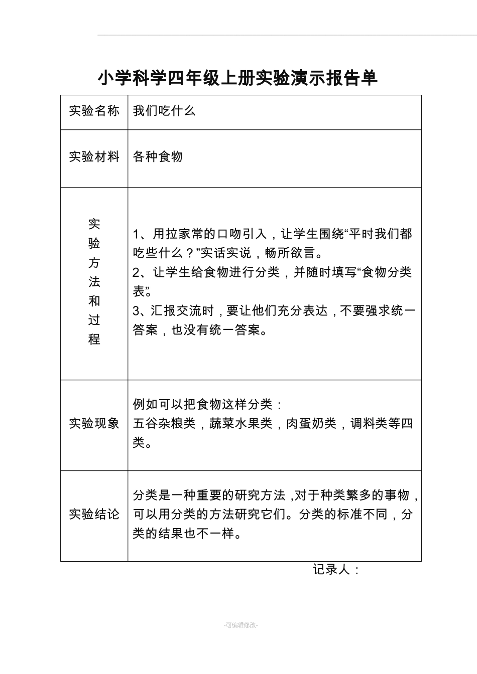 大象版小学科学四年级上册试验演示报告单_第1页