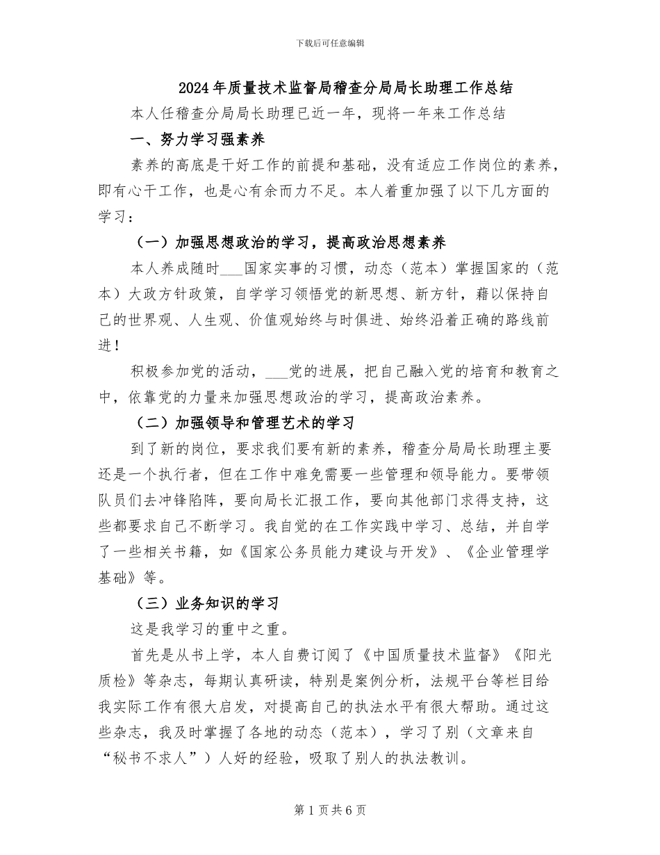 2024年质量技术监督局稽查分局局长助理工作总结_第1页