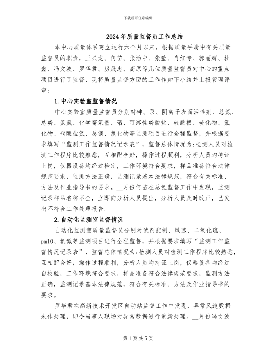 2024年质量监督员工作总结_第1页