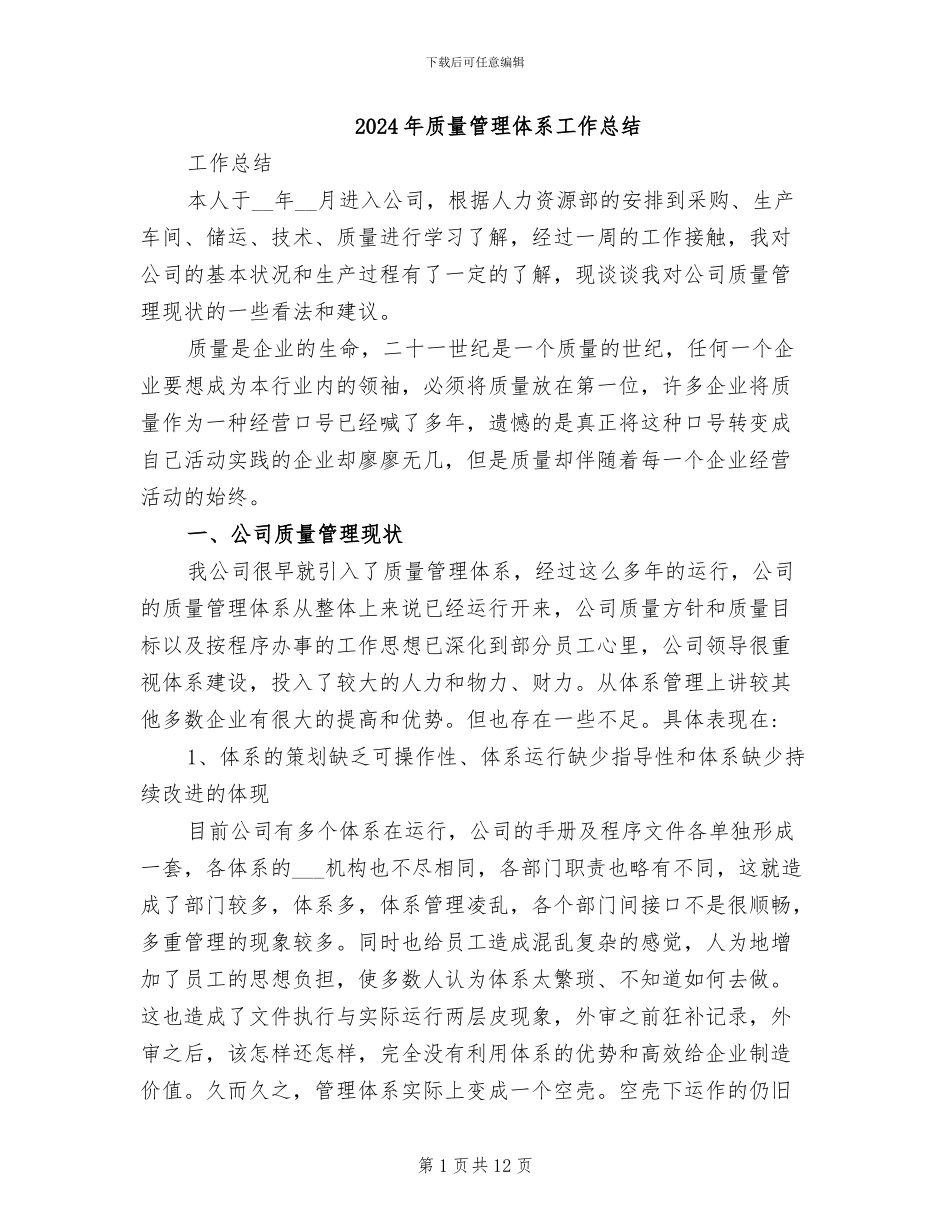 2024年质量管理体系工作总结_第1页