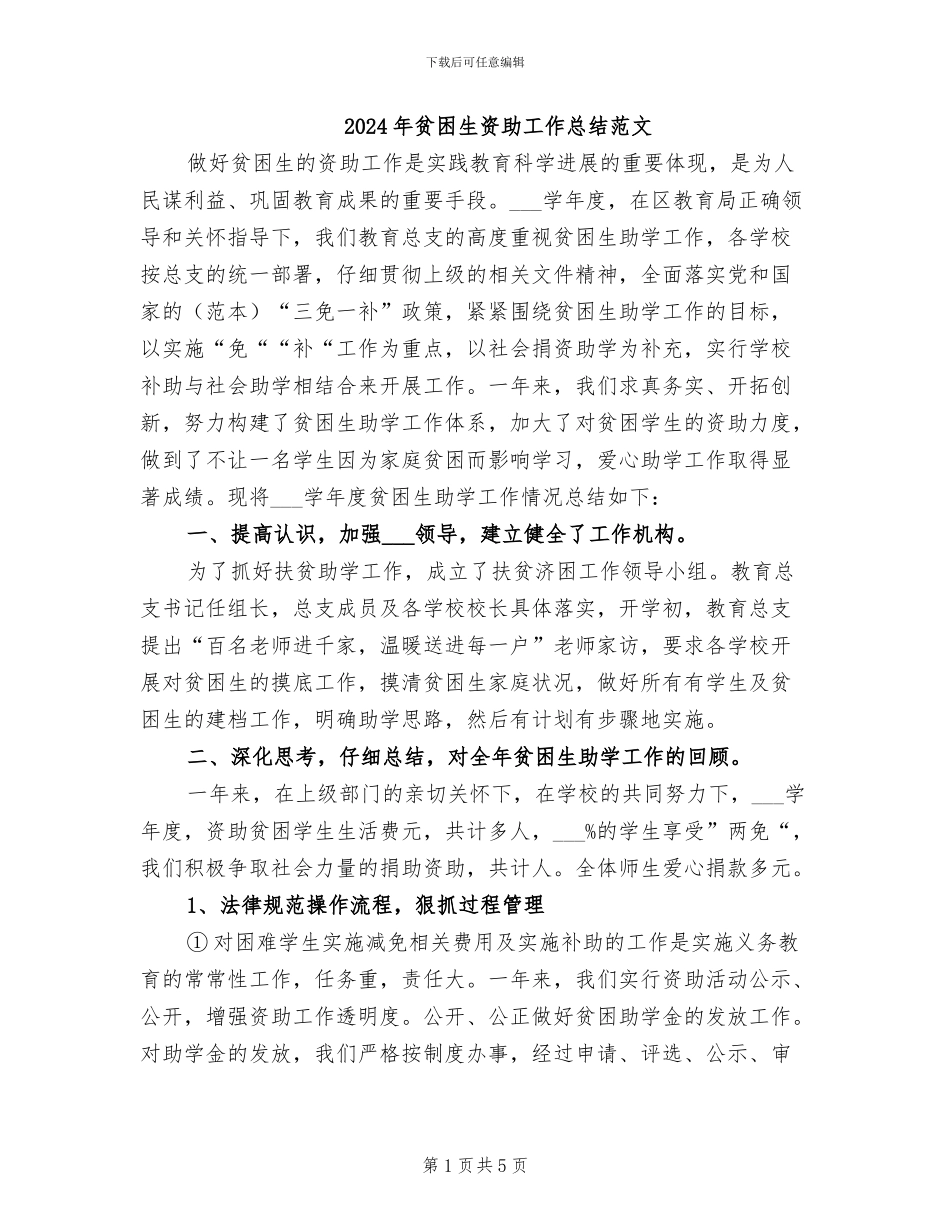 2024年贫困生资助工作总结范文_第1页
