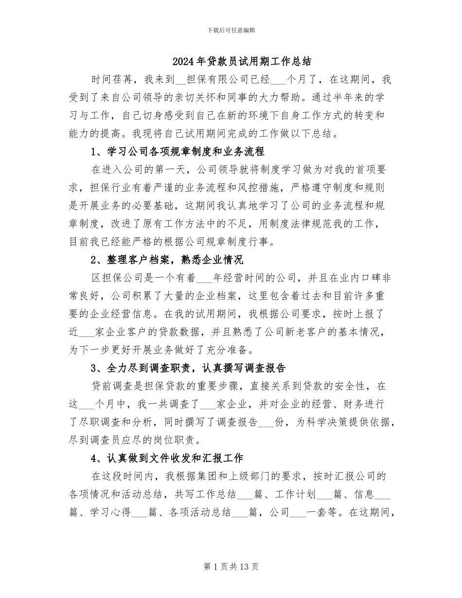 2024年贷款员试用期工作总结_第1页