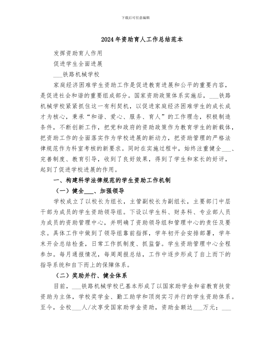 2024年资助育人工作总结范本_第1页