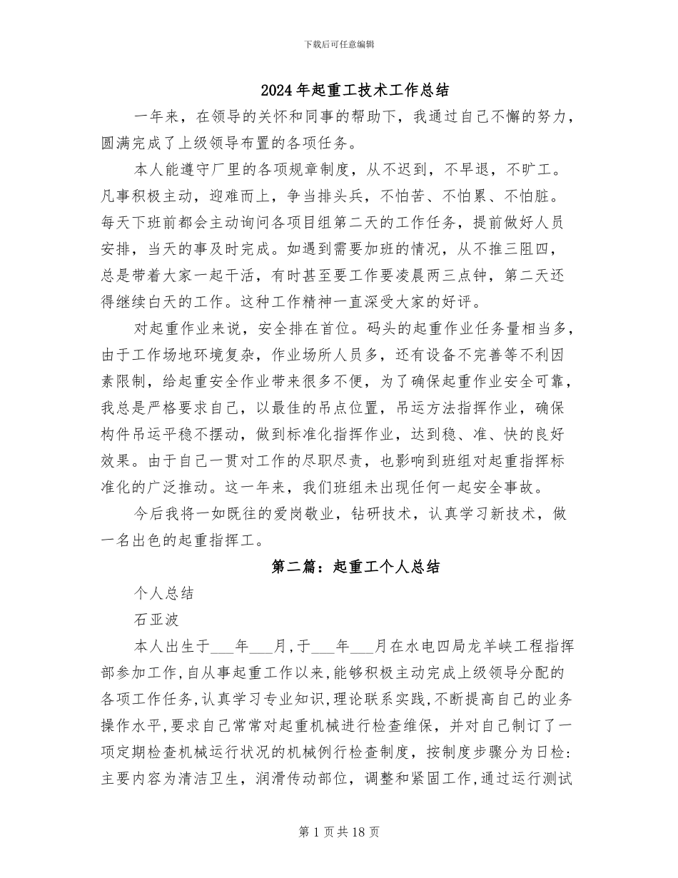 2024年起重工技术工作总结_第1页