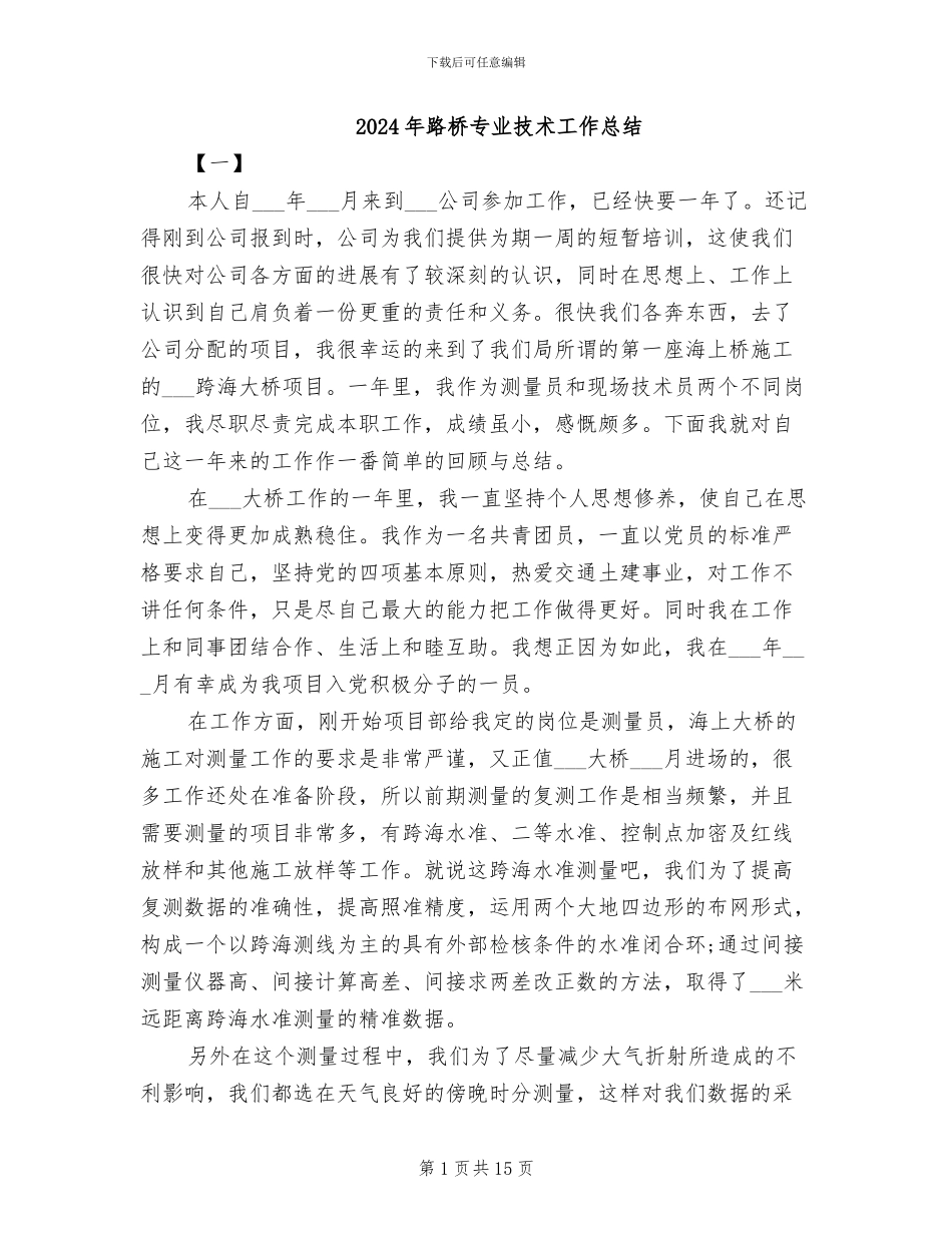 2024年路桥专业技术工作总结_第1页