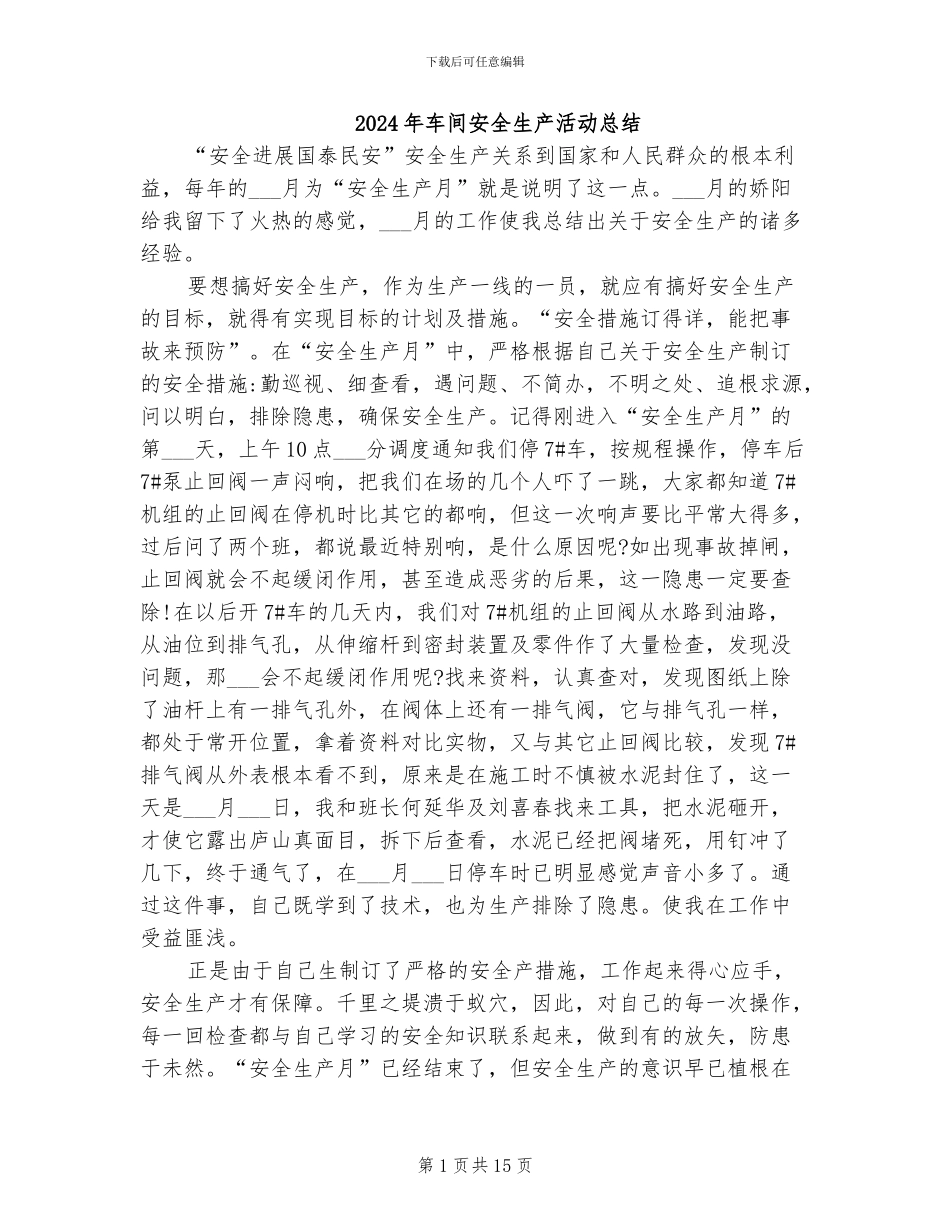 2024年车间安全生产活动总结_第1页