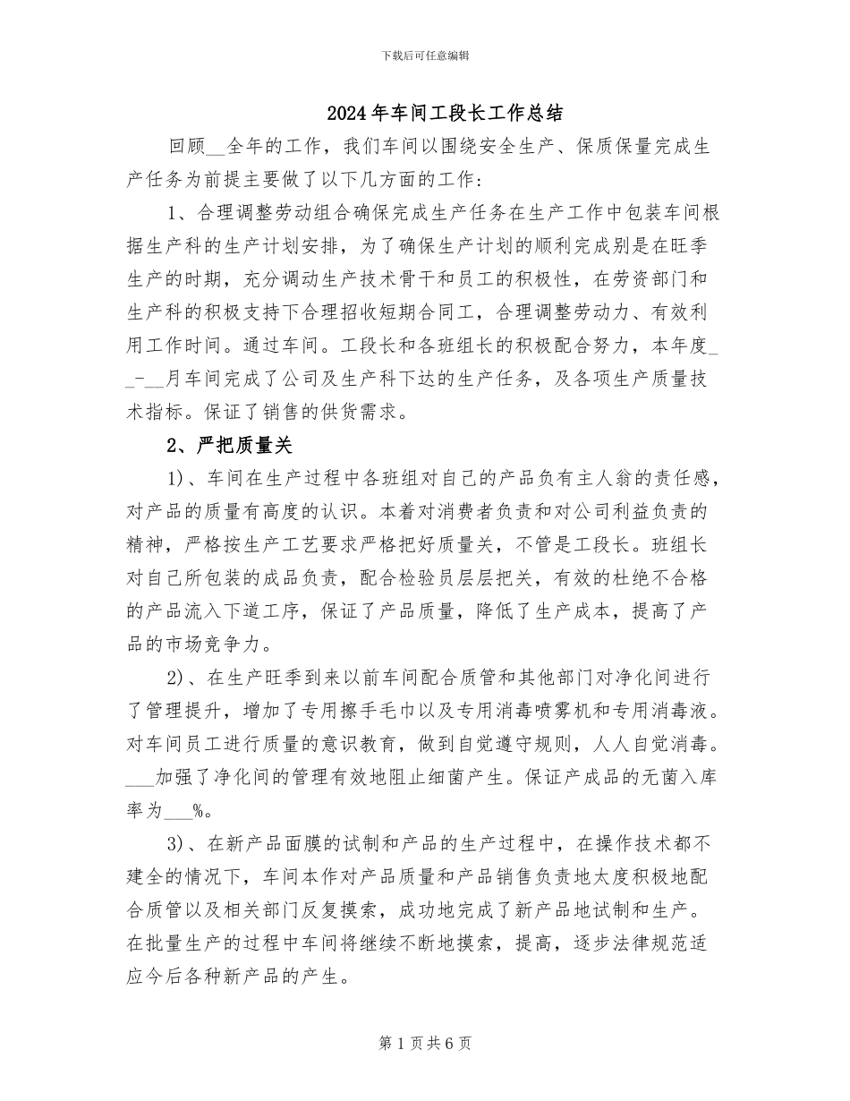 2024年车间工段长工作总结_第1页