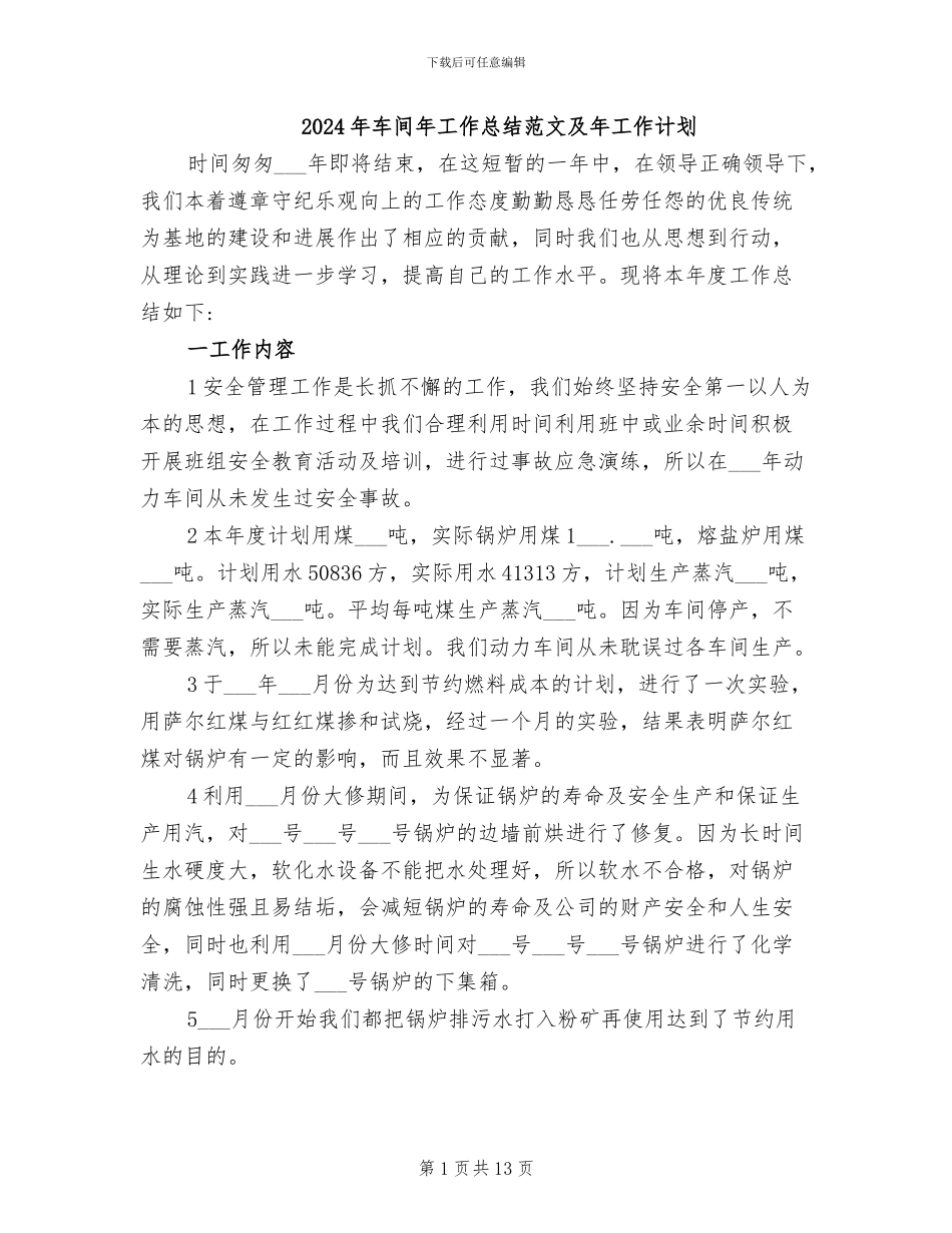 2024年车间年工作总结范文及年工作计划_第1页