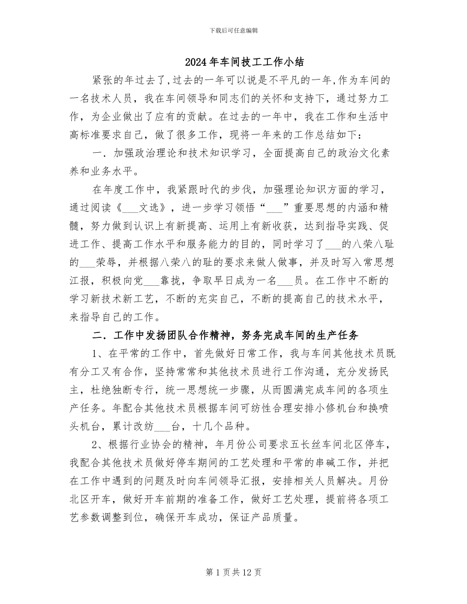 2024年车间技工工作小结_第1页