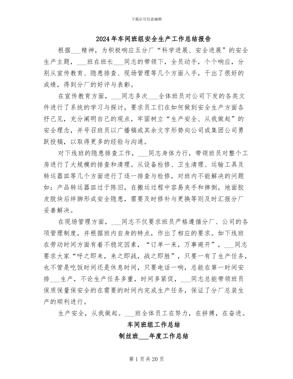 2024年车间班组安全生产工作总结报告_第1页