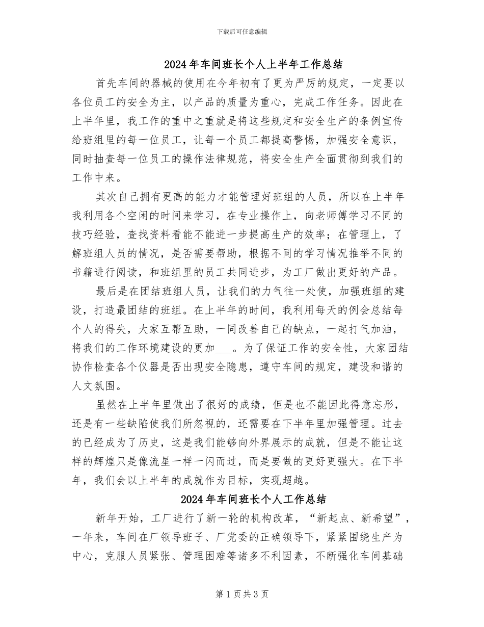 2024年车间班长个人上半年工作总结_第1页