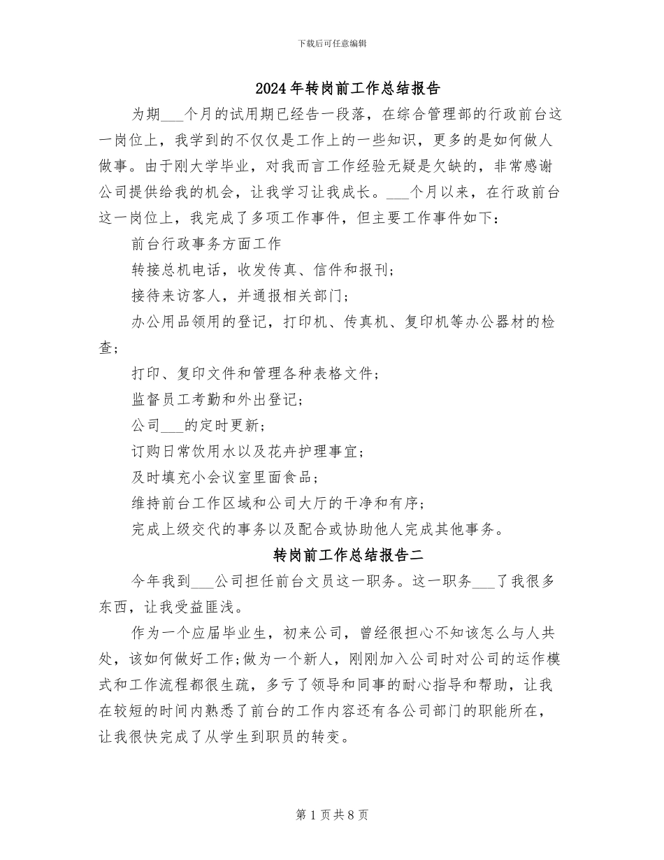 2024年转岗前工作总结报告_第1页