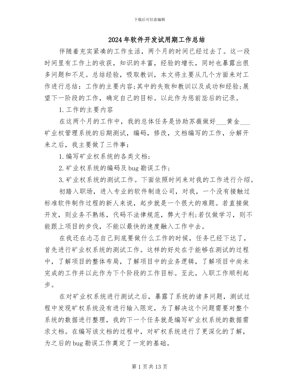 2024年软件开发试用期工作总结_第1页