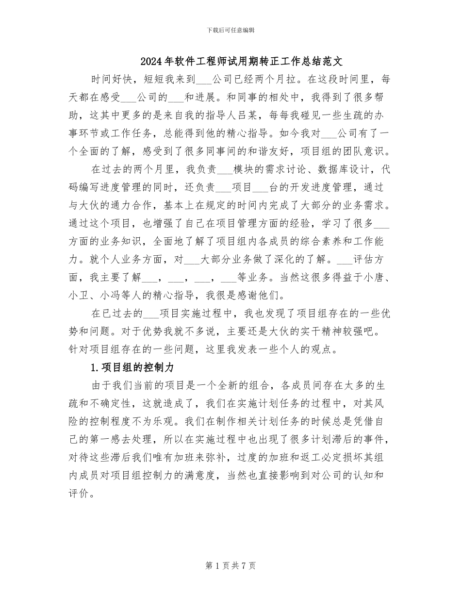 2024年软件工程师试用期转正工作总结范文_第1页