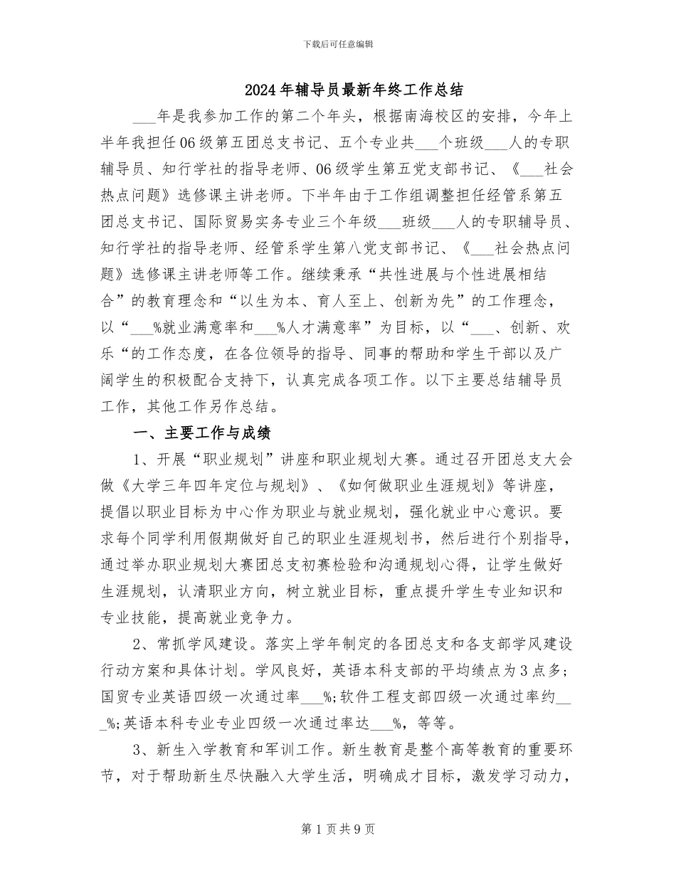 2024年辅导员最新年终工作总结_第1页