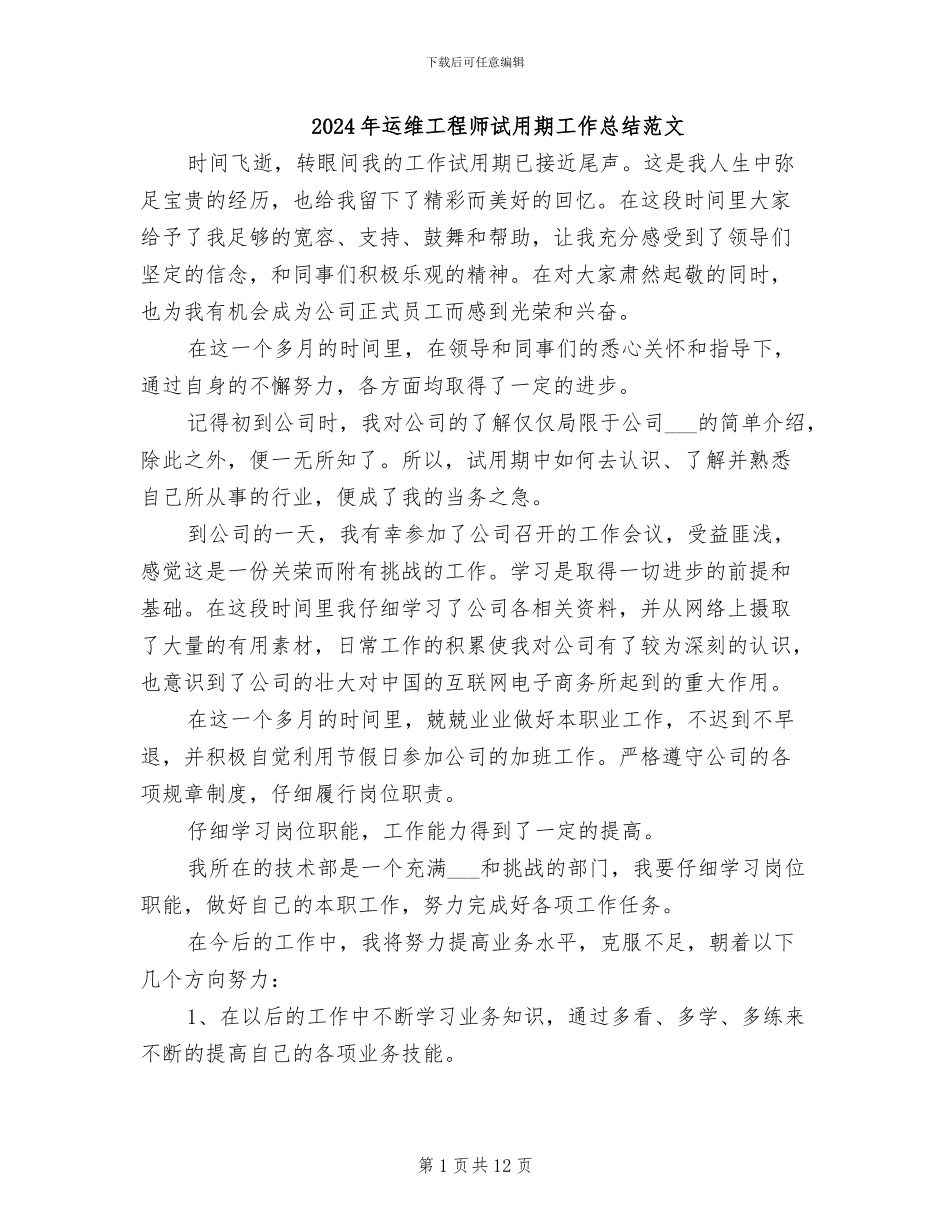 2024年运维工程师试用期工作总结范文_第1页