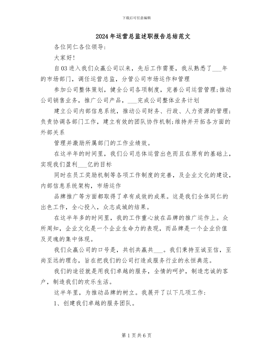 2024年运营总监述职报告总结范文_第1页