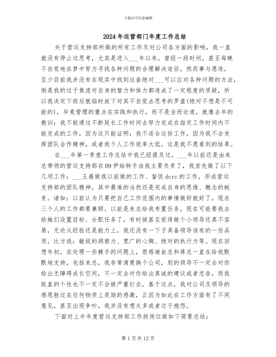 2024年运营部门年度工作总结_第1页