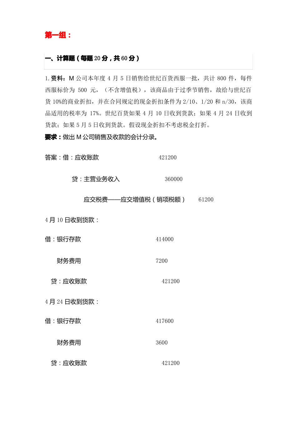 天大2018年6月考试会计学离线作业考核试题第一组答案_第1页