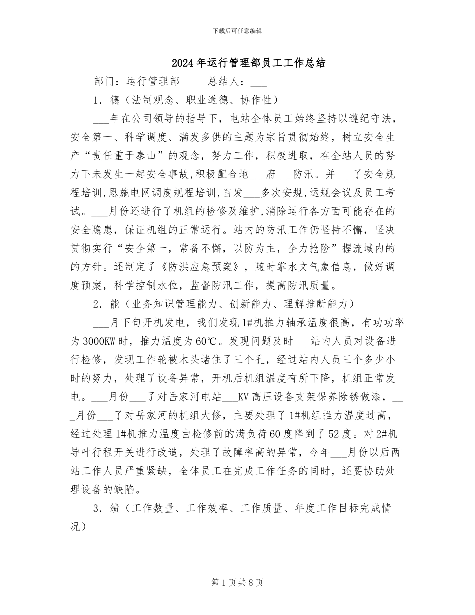 2024年运行管理部员工工作总结_第1页