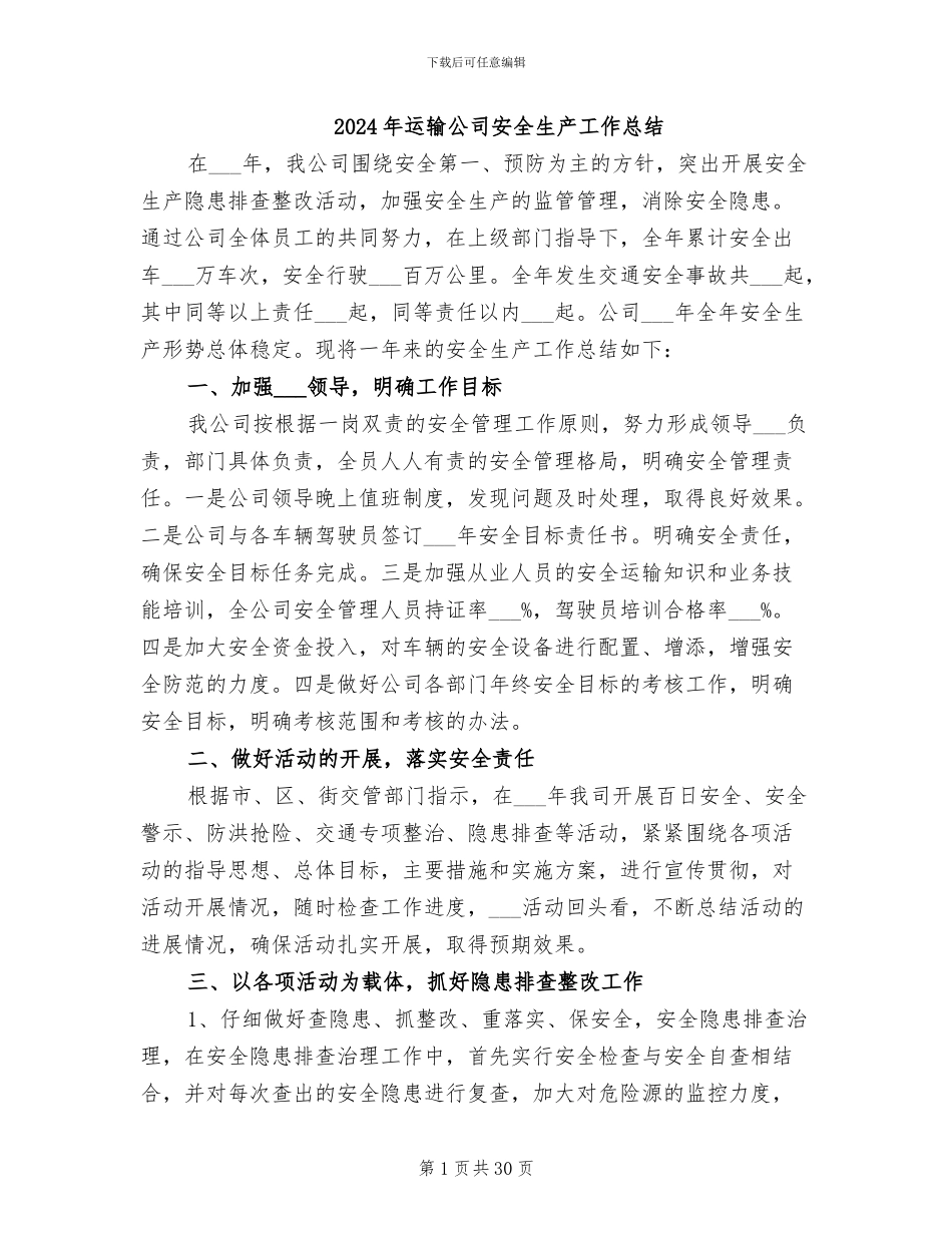 2024年运输公司安全生产工作总结_第1页