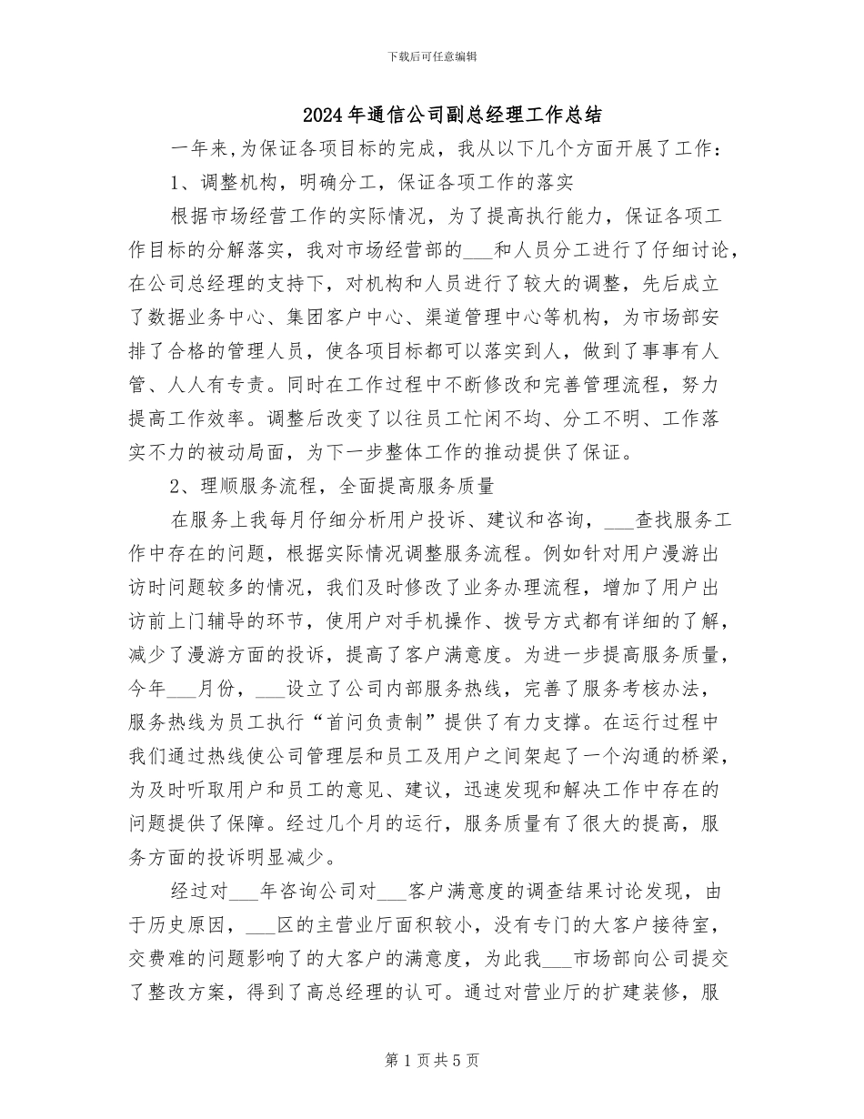 2024年通信公司副总经理工作总结_第1页