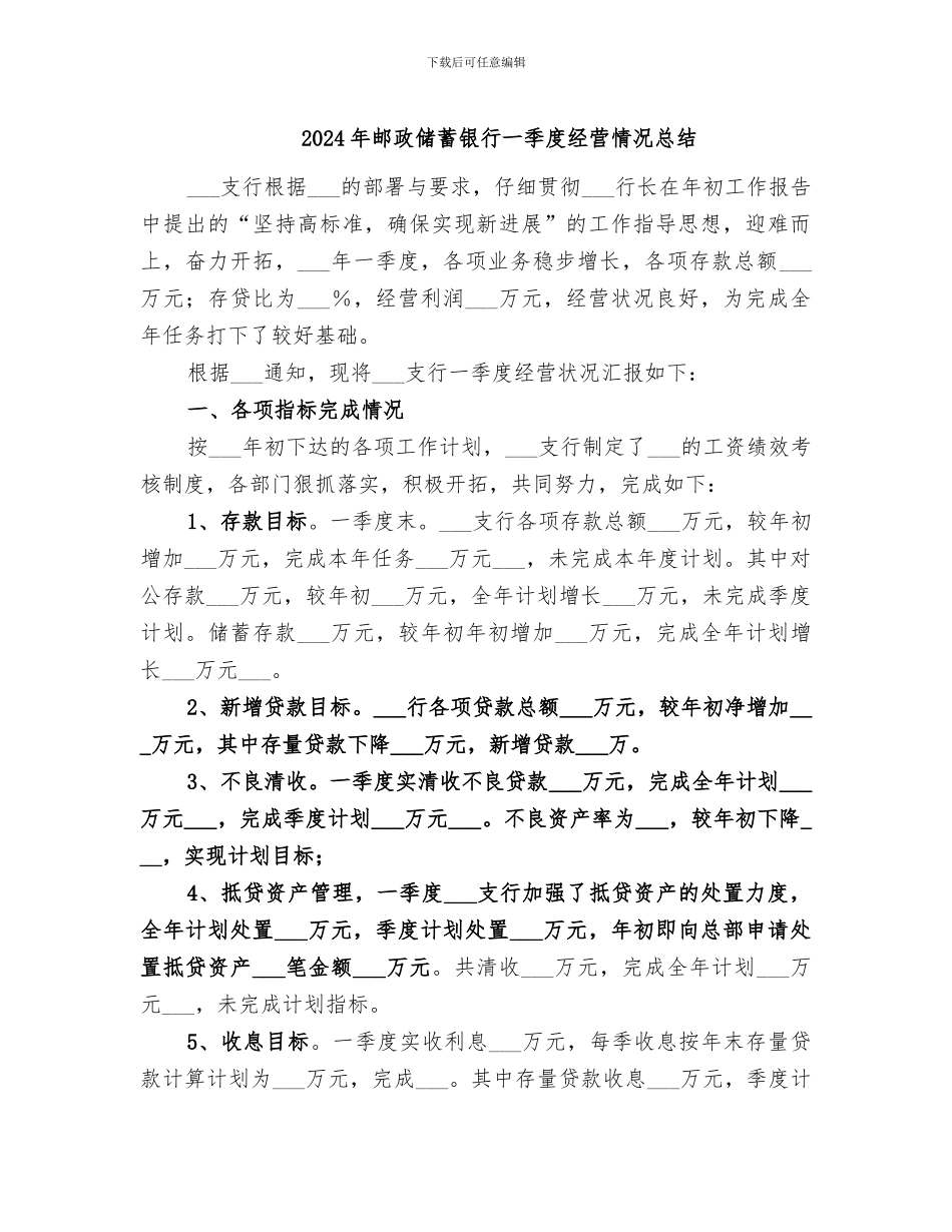 2024年邮政储蓄银行一季度经营情况总结_第1页