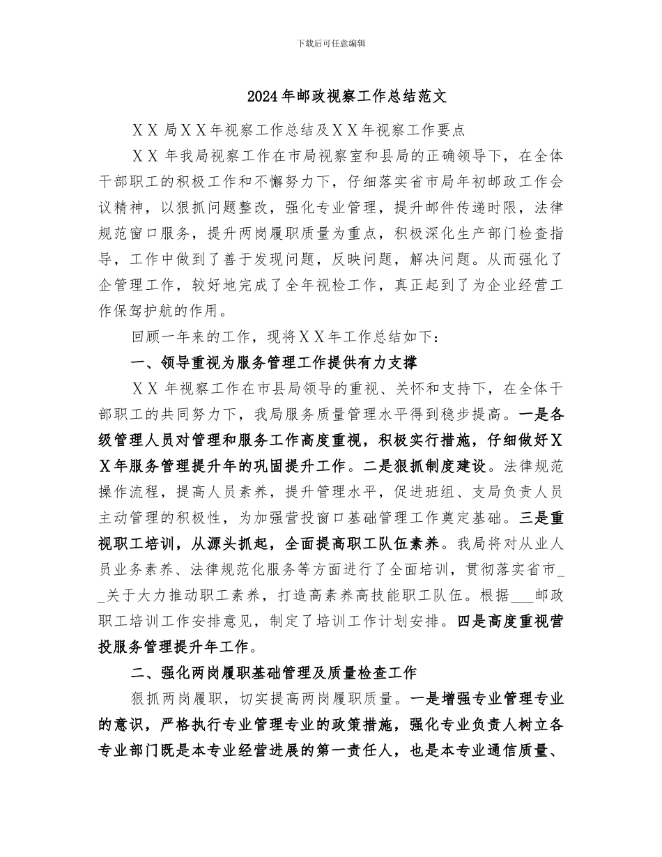 2024年邮政视察工作总结范文_第1页