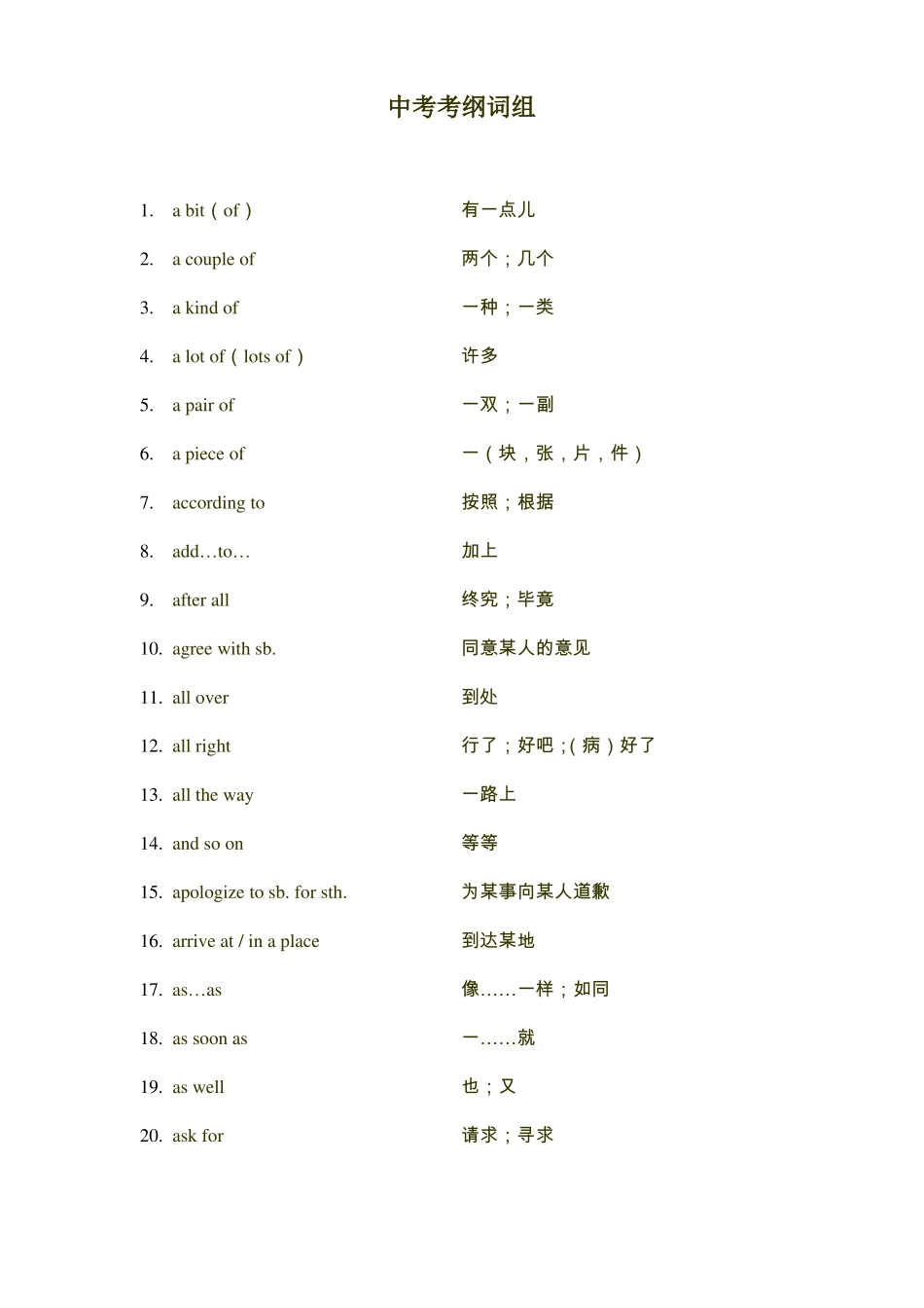 天津中考必背词组全_第1页