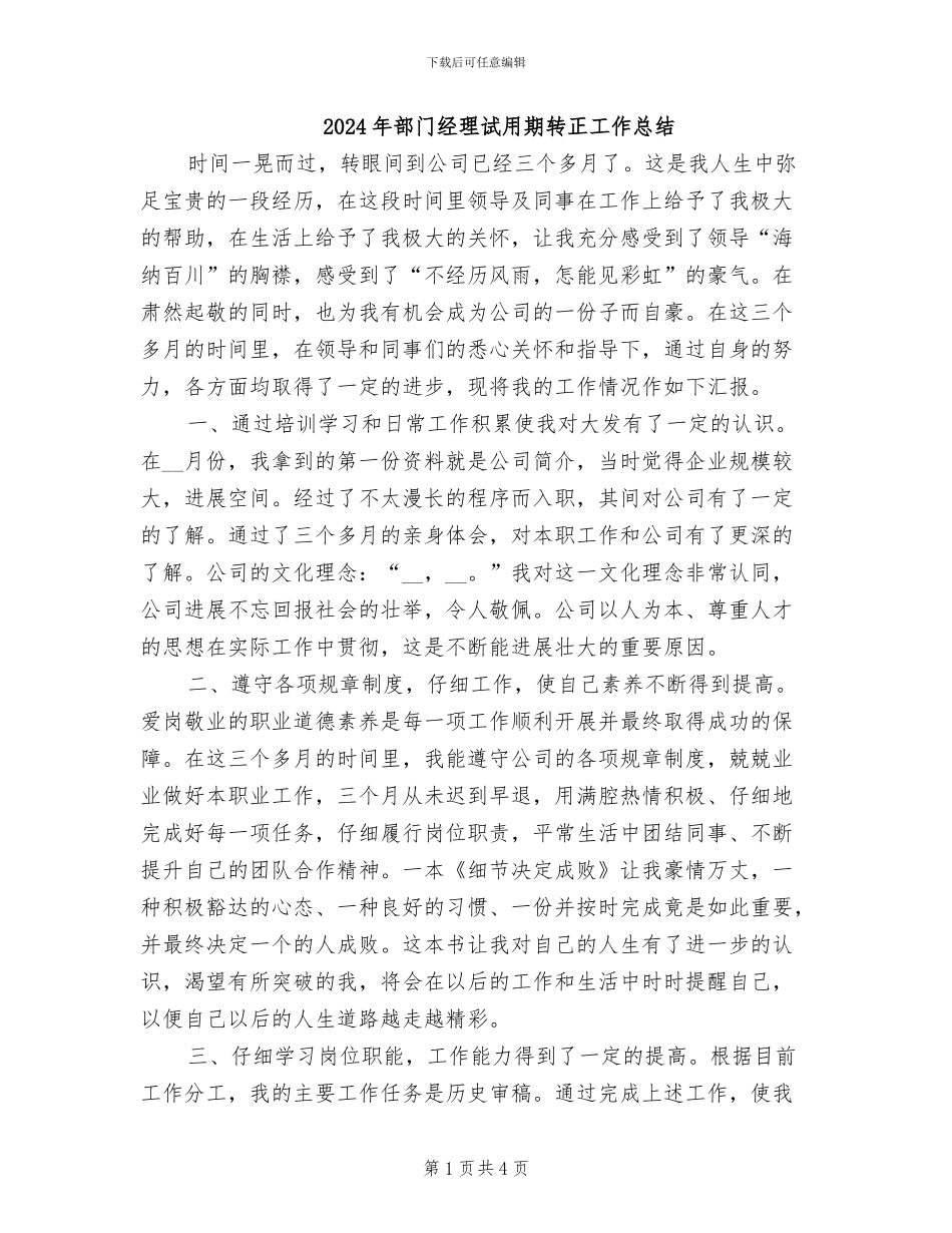 2024年部门经理试用期转正工作总结_第1页