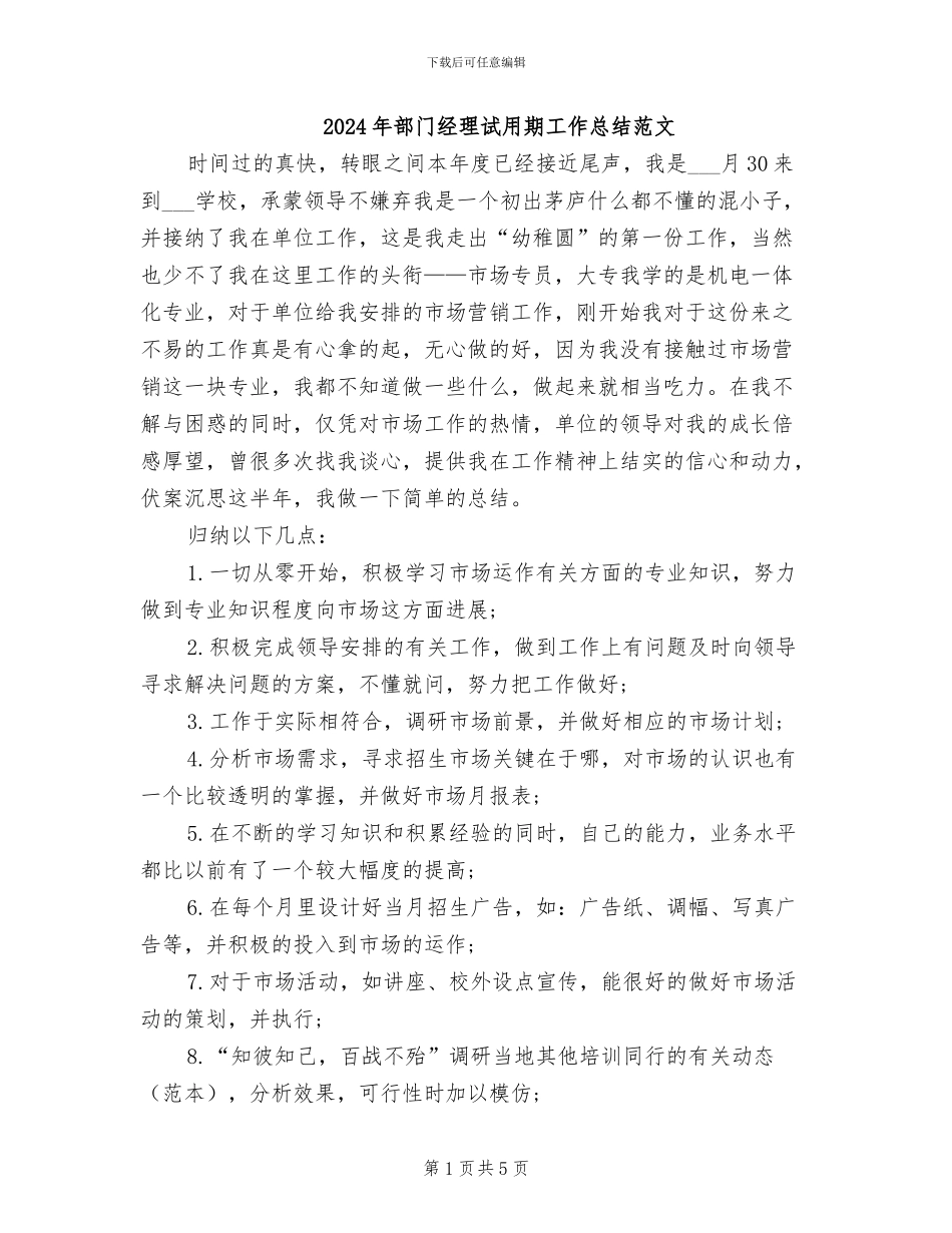 2024年部门经理试用期工作总结范文_第1页