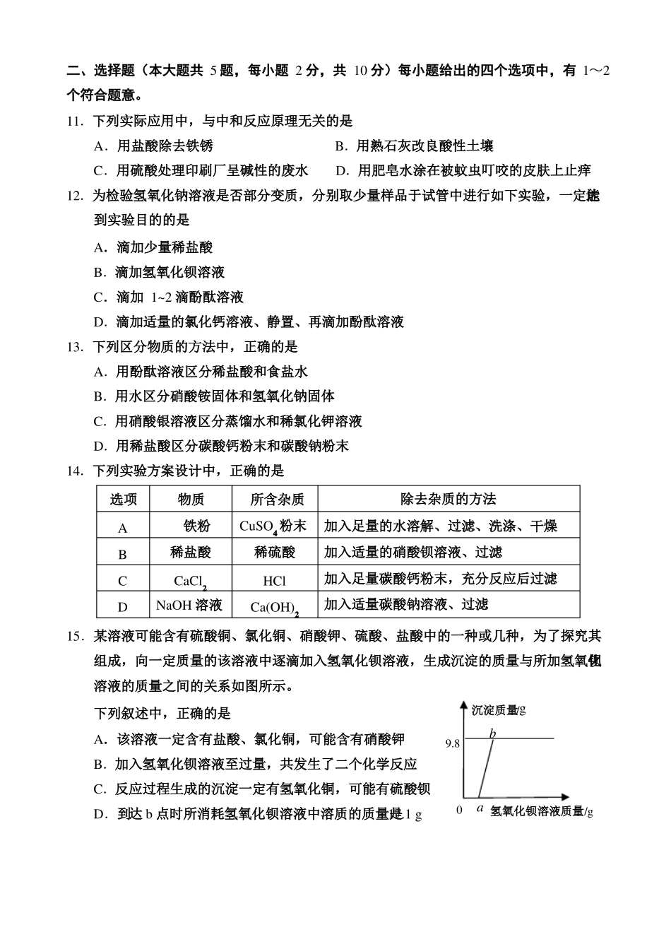 天津河西区2019-2020九年下学期级化学结课考试版无答案_第3页