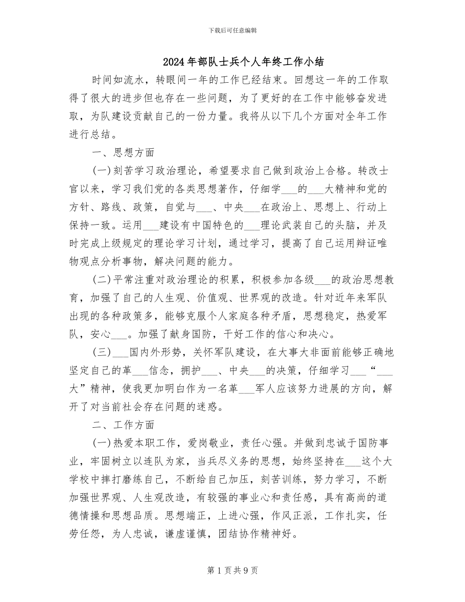 2024年部队士兵个人年终工作小结_第1页