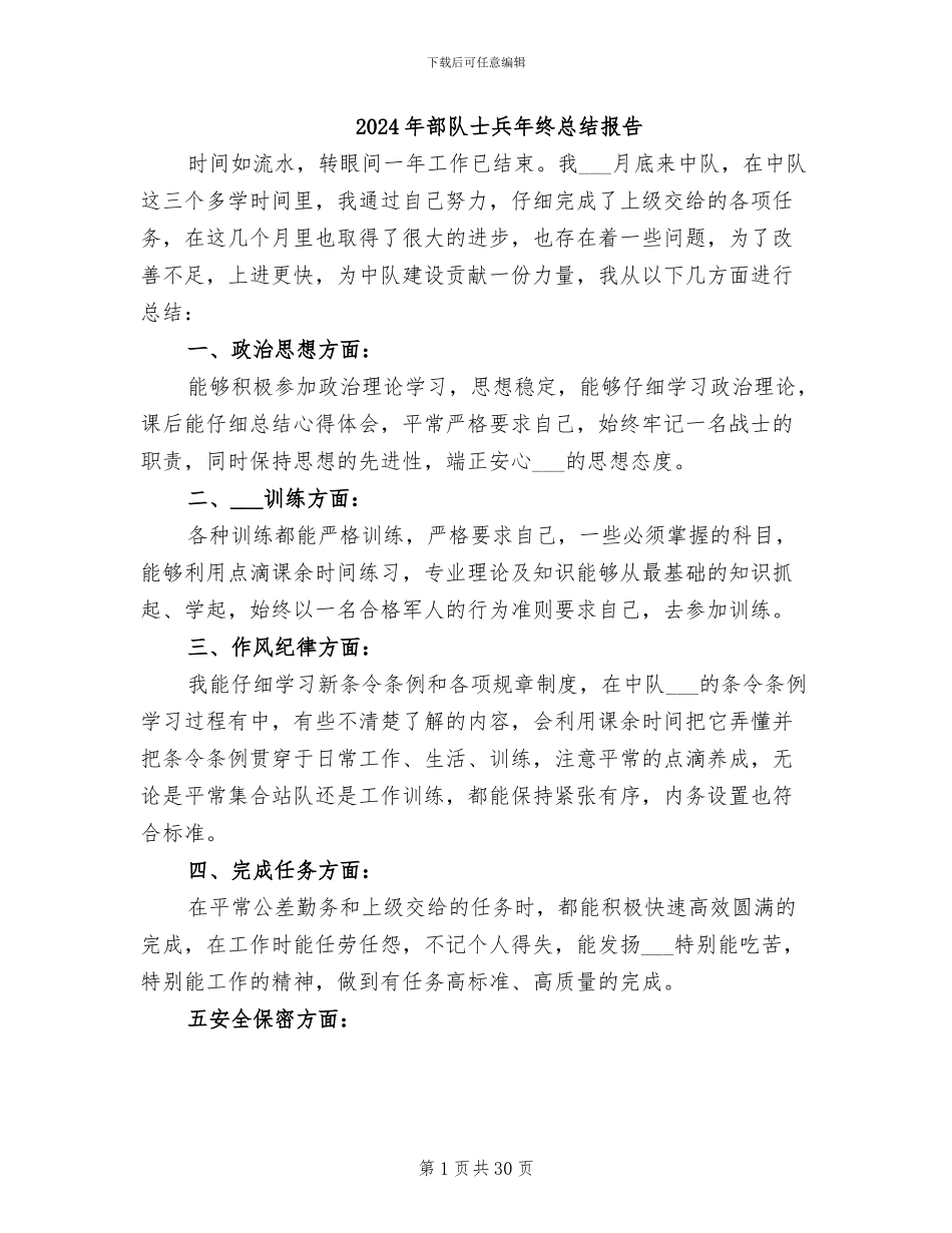 2024年部队士兵年终总结报告_第1页