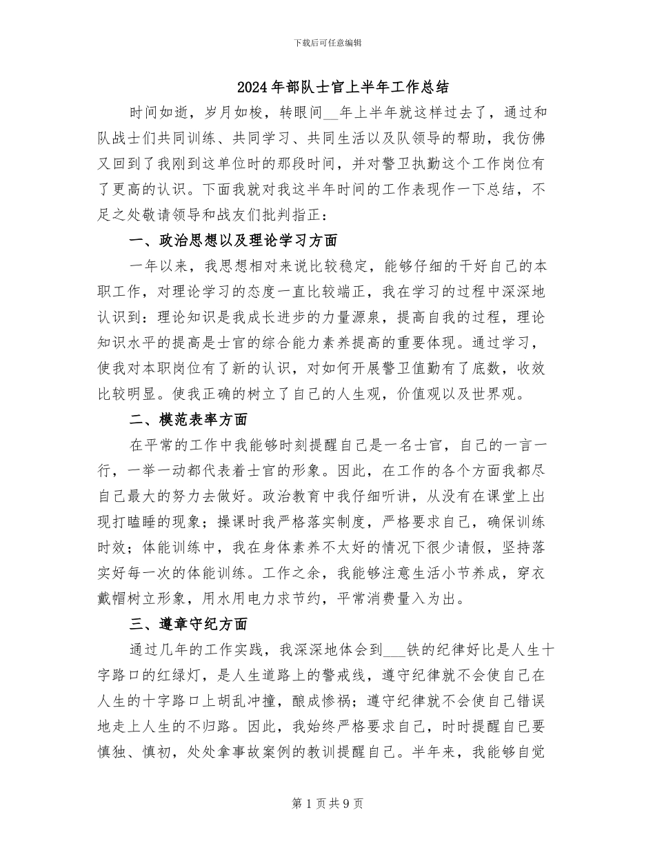 2024年部队士官上半年工作总结_第1页