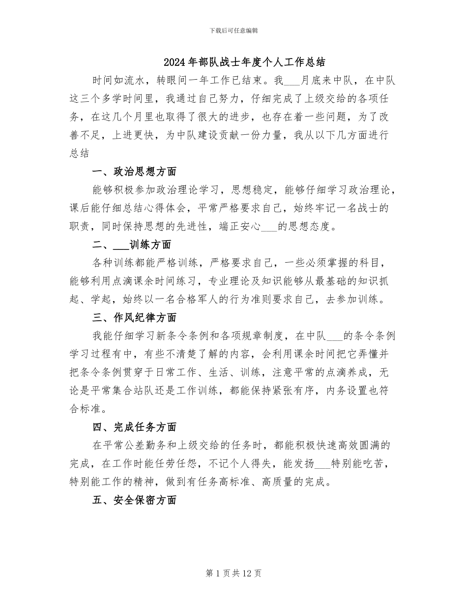 2024年部队战士年度个人工作总结_第1页