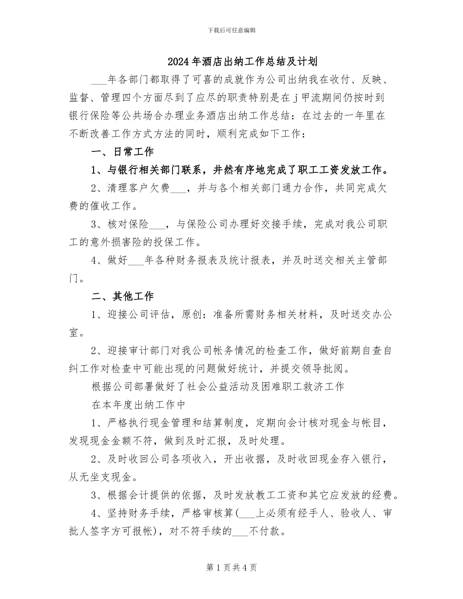 2024年酒店出纳工作总结及计划_第1页