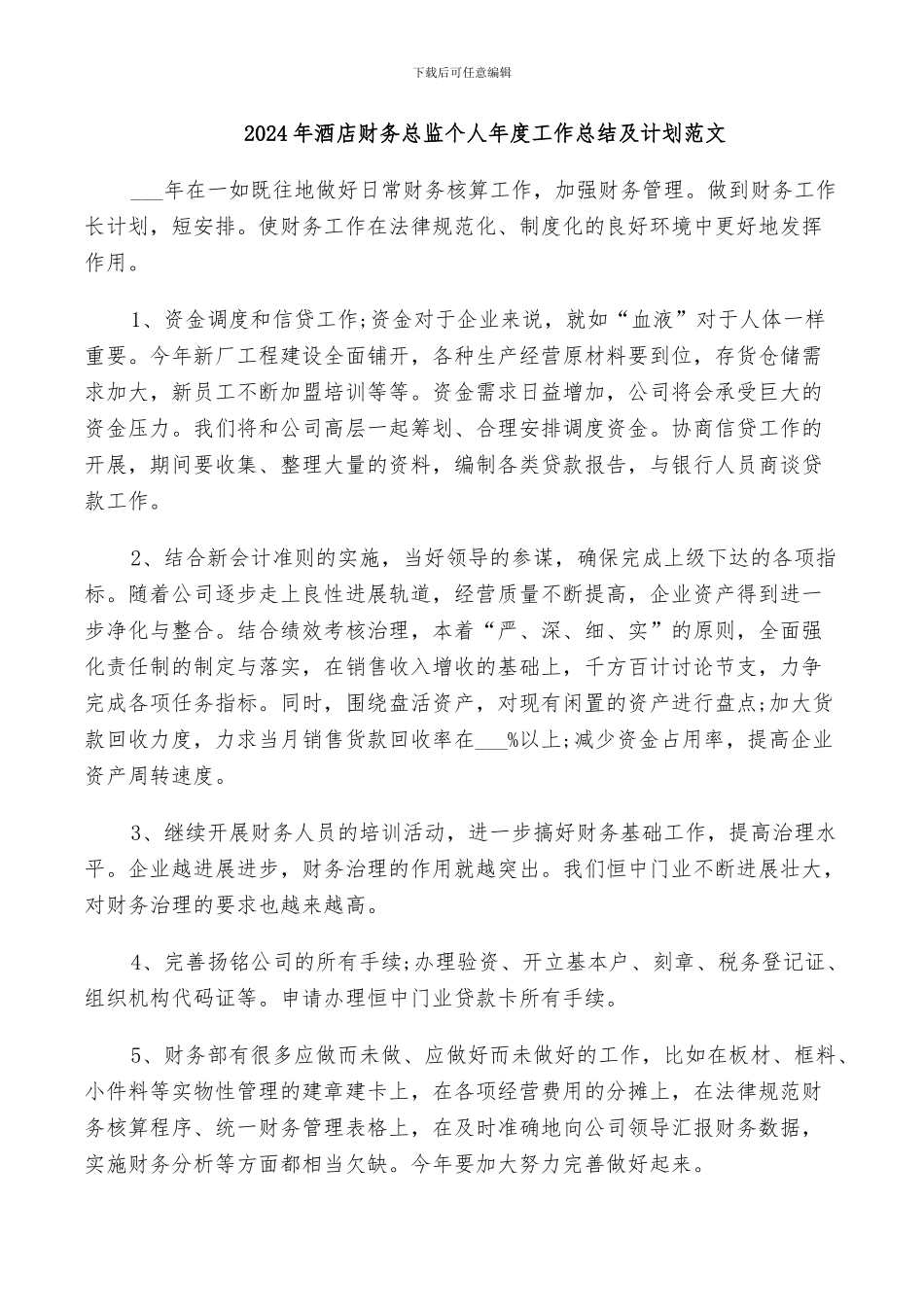 2024年酒店财务总监个人年度工作总结及计划范文_第1页